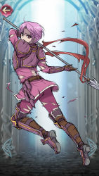 Rule 34 | 1boy, armor, armored boots, back, boots, fake screenshot, fire emblem, fire emblem: mystery of the emblem, fire emblem heroes, gloves, highres, lavillardia, male focus, nintendo, open mouth, polearm, purple eyes, purple hair, roshea, solo, spear, teeth, torn clothes, weapon