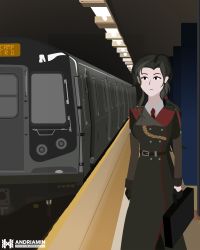 Rule 34 | absurdres, andriamin, artist logo, artist name, black jacket, briefcase, coat, creative commons, creative commons version 4, creative commons with attribution, creative commons with share-alike, english text, girls&#039; frontline, highres, jacket, mondragon m1908 (girls&#039; frontline), pixiv id, subway, subway station, sunborn, train, trench coat, vector trace