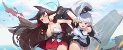 Rule 34 | 2girls, absurdres, akagi (azur lane), animal ears, azur lane, bare shoulders, black neckwear, black skirt, blue sky, breasts, brown hair, buttons, cleavage, collarbone, collared shirt, commentary, day, english commentary, enterprise (azur lane), eyeshadow, face punch, fox ears, fox tail, grin, hat, highres, huge filesize, in the face, kitsune, kyma curry, kyuubi, large breasts, looking at another, makeup, military hat, multiple girls, multiple tails, necktie, ocean, one eye closed, outdoors, panties, pantyshot, peaked cap, pleated skirt, punching, purple eyes, red eyes, red eyeshadow, red skirt, sakuramon, shirt, silver hair, skirt, sky, smile, standing, tail, teeth, underwear, white panties