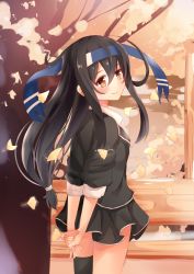 Rule 34 | 1girl, arms behind back, back, black hair, black thighhighs, blazer, cherry blossoms, cuiseika, flower, hair between eyes, hatsushimo (kancolle), hatsushimo kai ni (kancolle), headband, highres, indoors, jacket, kantai collection, long hair, looking at viewer, looking back, low-tied long hair, petals, pleated skirt, red eyes, school uniform, shirt, single thighhigh, skirt, sleeves rolled up, solo, thighhighs, tree, white shirt