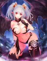 Rule 34 | 1girl, areola slip, asymmetric gloves, asymmetrical gloves, bat wings, black gloves, black panties, black thighhighs, breasts, bridal gauntlets, cleavage, demon girl, demon tail, gloves, hair ornament, highres, kneeling, large breasts, original, panties, pointy ears, red eyes, short hair, silver hair, smile, solo, tail, thighhighs, twintails, underwear, uneven gloves, wings, yaoya musuko