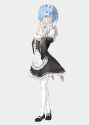 Rule 34 | 1girl, absurdres, apron, bad id, bad pixiv id, bare shoulders, black dress, black footwear, black ribbon, blue eyes, blue hair, breasts, cleavage, detached sleeves, dress, enola (enola xxxxxx), fingers together, flower knot, frilled apron, frilled dress, frills, from side, full body, grey background, hair ornament, hair over one eye, hair ribbon, hands up, highres, interlocked fingers, maid, mary janes, medium breasts, neck ribbon, own hands together, pantyhose, re:zero kara hajimeru isekai seikatsu, rem (re:zero), ribbon, ribbon-trimmed sleeves, ribbon trim, shoes, short hair, simple background, smile, solo, white apron, white pantyhose, x hair ornament