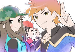 Rule 34 | 1girl, 2boys, baseball cap, blue oak, blue oak (sygna suit), blush, bracelet, brown eyes, brown hair, bucket hat, camouflage, camouflage headwear, closed mouth, coat, commentary request, creatures (company), game freak, green coat, hair flaps, hand on headwear, hand up, hat, highres, jacket, jewelry, leaf (pokemon), leaf (sygna suit) (pokemon), long hair, looking at viewer, multiple boys, necklace, nintendo, official alternate costume, pokemon, pokemon masters ex, red (pokemon), red (sygna suit) (pokemon), red headwear, shirt, smile, spiked hair, tudurimike, undershirt, upper body