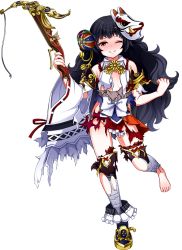 Rule 34 | 1girl, artist request, black hair, blush, bowgun, broken, broken weapon, detached sleeves, fox mask, full body, holding, holding weapon, long hair, mask, mask on head, official art, one eye closed, oshiro project:re, oshiro project:re, pleated skirt, red skirt, sanbonmatsu (oshiro project), skirt, solo, thighhighs, torn clothes, torn skirt, torn thighhighs, transparent background, very long hair, wavy hair, wavy mouth, weapon, yellow eyes