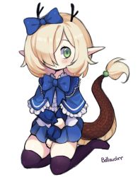Rule 34 | 1girl, artist name, bellavoirr, between legs, black footwear, black thighhighs, blonde hair, blue bow, blue bowtie, blue capelet, blue skirt, blue sleeves, blush, boots, bow, bowtie, capelet, child, closed mouth, dot mouth, dragon girl, dragon tail, female focus, flat chest, frilled capelet, frills, full body, green eyes, hair bow, hair over one eye, hand between legs, highres, holding own arm, horns, kneeling, long sleeves, looking to the side, medium hair, miniskirt, original, pleated skirt, pointy ears, raglan sleeves, shirt, sidelocks, signature, simple background, skindentation, skirt, solo, tail, thigh boots, thighhighs, thighs, white background, white shirt, zettai ryouiki