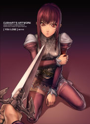 Rule 34 | 1girl, armor, face, krenz, original, red eyes, red hair, solo focus, sword, thighhighs, weapon