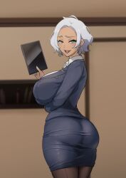 Rule 34 | 1girl, arm under breasts, ass, blazer, blue eyes, blue jacket, blush, book, breasts, dark-skinned female, dark skin, earrings, from behind, gold earrings, gundam, gundam suisei no majo, highres, holding, hoop earrings, indoors, iwao178, jacket, jewelry, lapels, large breasts, looking at viewer, looking back, office lady, open mouth, pantyhose, pencil skirt, secelia dote, shirt, short hair, skirt, smile, solo, taut clothes, teeth, thighs, tight clothes, white hair, white shirt