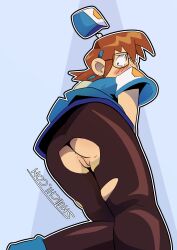 Rule 34 | 1girl, ass, bent over, blush, brown hair, cleft of venus, denise marmalade (mega man), glasses, highres, mega man (series), mega man legends (series), pussy, smutichi, the misadventures of tron bonne, torn clothes, wardrobe malfunction