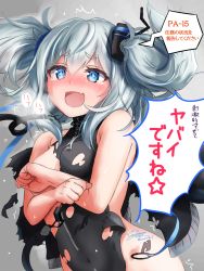 Rule 34 | 1girl, bare arms, black leotard, blue eyes, blush, covered navel, fang, girls&#039; frontline, grey background, heart, heart in eye, highres, leotard, nose blush, open mouth, pa-15 (girls&#039; frontline), signature, silver hair, skin fang, solo, speech bubble, symbol in eye, torn clothes, torn leotard, translation request, two side up, yukinoshiro