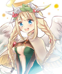 Rule 34 | 1girl, archangel (p&amp;d), blonde hair, blue eyes, braid, capelet, cleavage cutout, clothing cutout, hairband, halo, hoshino (nia hoshino), looking at viewer, open mouth, puzzle &amp; dragons, smile, solo, twin braids, wings