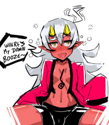 Rule 34 | 1girl, bad id, bad tumblr id, bike shorts, colored skin, cropped legs, drunk, eyebrows, fang, grandmastag, horns, long hair, navel, no bra, oni, open clothes, original, oversized clothes, pointy ears, red skin, silver hair, solo, tattoo, thick eyebrows, yellow eyes