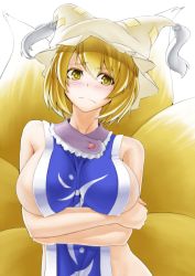Rule 34 | 1girl, bad id, bad pixiv id, blonde hair, blush, breast hold, breasts, crossed arms, doseisan (dosei-san), female focus, fox tail, hat, hat with ears, large breasts, multiple tails, naked tabard, short hair, sideboob, solo, tabard, tail, touhou, yakumo ran, yellow eyes
