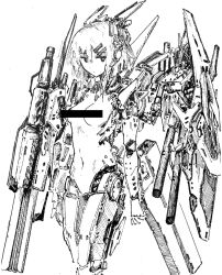 Rule 34 | 1girl, absurdres, bar censor, breasts, cannon, censored, character request, copyright request, hair ornament, hairclip, headgear, highres, joints, mechanical arms, mechanical legs, mechanical wings, medium hair, monochrome, navel, robot joints, shiokaze1409, sidelocks, small breasts, solo, wings