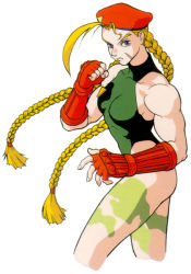 Rule 34 | 1990s (style), 1girl, ahoge, antenna hair, bare shoulders, beret, braid, cammy white, camouflage, capcom, elbow gloves, fighting stance, fingerless gloves, gloves, hat, huge ahoge, leotard, long hair, low-tied long hair, muscular, retro artstyle, solo, street fighter, street fighter ii (series), twin braids