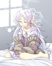 Rule 34 | 1girl, blush, brown cardigan, cardigan, closed eyes, commentary request, dangle earrings, earrings, elf, frieren, hair down, highres, jewelry, long hair, messy hair, nightgown, on bed, parted bangs, pointy ears, sitting, squeans, solo, sousou no frieren, the maa, uwu, wariza, white nightgown