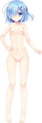 Rule 34 | 1girl, absurdres, ameto yuki, azurite (company), barefoot, blue eyes, blue hair, blush, breasts, cat hair ornament, cleft of venus, collarbone, completely nude, full body, hair ornament, hair over one eye, highres, legs apart, looking at viewer, navel, nekotenguu hanako, nipples, nude, one side up, pussy, small breasts, small nipples, smile, solo, standing, straight-on, tamayura mirai, transparent background