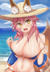 Rule 34 | 1girl, absurdres, alternate breast size, animal ear fluff, animal ears, artist request, bikini, blue bikini, blue sky, blush, breasts, cleavage, cloud, cloudy sky, collarbone, day, ears through headwear, fang, fate/grand order, fate (series), fox ears, fox girl, fox tail, hat, highres, innertube, large breasts, looking at viewer, navel, ocean, open mouth, outdoors, pink hair, side-tie bikini bottom, skin fang, sky, smile, solo, straw hat, swim ring, swimsuit, tail, tamamo (fate), tamamo no mae (fate/extra), tamamo no mae (swimsuit lancer) (fate), yellow eyes