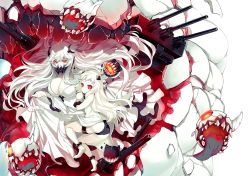 Rule 34 | 10s, 2girls, abyssal ship, breasts, cleavage, colored skin, covered mouth, dress, horns, kantai collection, large breasts, long hair, midway princess, mittens, multiple girls, northern ocean princess, pale skin, red eyes, simple background, turret, very long hair, white dress, white hair, white skin, yuunagi (seventh heaven)