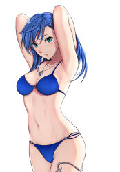Rule 34 | 1girl, aqua eyes, armpits, arms up, bare arms, bikini, blue bikini, blue hair, blush, breasts, character check, cleavage, collar, collarbone, cowboy shot, hair ornament, hands in hair, highres, jewelry, light blush, long hair, looking at viewer, maria traydor, medium breasts, nagioka, navel, necklace, open mouth, pendant, simple background, solo, star ocean, stomach, swimsuit, thighlet, water, wet, white background