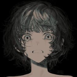Rule 34 | 1other, absurdres, androgynous, bare shoulders, black background, black hair, blunt bangs, clenched teeth, crying, crying with eyes open, greyscale, highres, looking at viewer, monochrome, original, other focus, portrait, short hair, simple background, teardrop, tears, teeth, torino kawazu