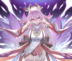 Rule 34 | 1girl, absurdres, animal ears, breasts, detached sleeves, double fox shadow puppet, fox ears, fox shadow puppet, fox tail, genshin impact, hair between eyes, highres, japanese clothes, large breasts, long hair, looking at viewer, miko, multiple tails, pink hair, priestess, purple eyes, sapysha, solo, tail, thighs, wide sleeves, yae miko
