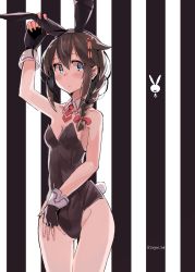 Rule 34 | 1girl, adapted costume, ahoge, alternate costume, animal ears, bare legs, black gloves, black hair, black leotard, blue eyes, braid, breasts, cowboy shot, detached collar, fingerless gloves, gloves, hair flaps, hair ornament, hair over shoulder, highres, kantai collection, leotard, looking at viewer, necktie, playboy bunny, rabbit ears, rabbit tail, red necktie, shigure (kancolle), shigure kai ni (kancolle), single braid, small breasts, solo, standing, strapless, strapless leotard, striped, striped background, sugue tettou, tail, twitter username, wrist cuffs
