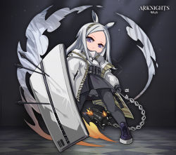Rule 34 | 1girl, animal ears, arknights, arrow (projectile), closed mouth, dress, flail, forehead, full body, heavyrain (arknights), holding, holding flail, holding shield, holding weapon, jacket, lataedelan, leggings, long hair, long sleeves, looking at viewer, purple eyes, purple footwear, shield, shoes, sneakers, solo, weapon, white hair, white jacket, zebra ears