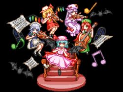 Rule 34 | 5girls, apron, bat (animal), bat wings, conductor baton, beamed quavers, blonde hair, blue bow, blue hair, bow, braid, cello, collared shirt, crescent, dress, flandre scarlet, frilled skirt, frills, green eyes, hair bow, hat, hat ribbon, hong meiling, instrument, izayoi sakuya, long hair, long sleeves, lowres, maid headdress, manaten, mob cap, multiple girls, music, musical note, open mouth, patchouli knowledge, pink dress, pixel art, playing instrument, puffy short sleeves, puffy sleeves, purple hair, red bow, red eyes, red hair, red ribbon, remilia scarlet, ribbon, sheet music, shirt, shoes, short hair, short sleeves, silver hair, skirt, smile, socks, star (symbol), touhou, transparent background, twin braids, violin, white background, wide sleeves, wings