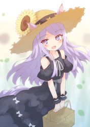 Rule 34 | 1girl, :d, absurdres, animal ears, basket, black dress, blurry, blurry background, blush, brown hat, clothing cutout, commentary request, depth of field, dress, ears through headwear, flower, hat, hat flower, highres, holding, holding basket, horse ears, horse girl, horse tail, ichi (ichi.colors), long hair, mejiro mcqueen (umamusume), open mouth, puffy short sleeves, puffy sleeves, purple eyes, purple hair, short sleeves, shoulder cutout, smile, solo, straw hat, sunflower, swept bangs, tail, umamusume, yellow flower