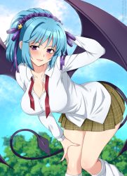 Rule 34 | 1girl, :d, arm behind head, blue hair, blue sky, blush, breasts, cloud, commentary, day, demon girl, demon tail, demon wings, english commentary, frilled hairband, frills, hairband, highres, kurono kurumu, large breasts, leaning forward, leg warmers, lindaroze, long hair, looking at viewer, medium hair, neck ribbon, open mouth, outdoors, partially unbuttoned, pleated skirt, purple eyes, red ribbon, ribbon, rosario+vampire, shirt, skirt, sky, smile, solo, tail, undone neck ribbon, white shirt, wings