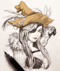 Rule 34 | 1girl, animal, animal on shoulder, art tools in frame, artist name, bad id, bad twitter id, belt, bird, bird on shoulder, braid, breasts, brown eyes, brown lips, cleavage, clivenzu, closed mouth, coat, commentary, english commentary, eyepatch, fur trim, graphite (medium), hat, hat feather, highres, large breasts, lipstick, long hair, looking at viewer, makeup, mechanical pencil, mixed media, one eye covered, original, parrot, pencil, photo (medium), pirate, pirate hat, scar, scar across eye, scar on face, smile, solo, traditional media, twitter username