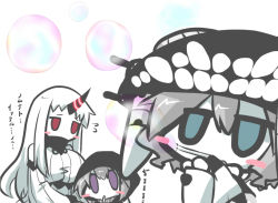 Rule 34 | 10s, 3girls, abyssal ship, blue eyes, blush stickers, bubble, blowing bubbles, chibi, closed eyes, colored skin, closed eyes, flying sweatdrops, goma (gomasamune), grey hair, hat, hood, horns, jitome, kantai collection, long hair, multiple girls, pale skin, purple eyes, re-class battleship, red eyes, seaport princess, short hair, single horn, translation request, u u, white hair, white skin, wo-class aircraft carrier