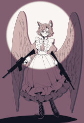 Rule 34 | 1girl, animal ear fluff, animal ears, apron, boots, bow, bowtie, cat ears, cross-laced footwear, dual wielding, feathered wings, full body, glasses, gun, highres, holding, holding gun, holding weapon, juliet sleeves, korean commentary, lace-up boots, long sleeves, looking at viewer, low wings, maid, maid apron, muj0, original, puffy sleeves, rifle, short hair, solo, spotlight, standing, trigger discipline, wavy hair, weapon, wings