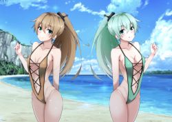 Rule 34 | 2girls, absurdres, alternate costume, alternate hairstyle, aqua eyes, aqua hair, beach, blue eyes, blue sky, breasts, brown hair, brown one-piece swimsuit, casual one-piece swimsuit, cleavage, cloud, cowboy shot, day, green one-piece swimsuit, green slingshot swimsuit, hair ornament, hairclip, highres, honma (honmatomohiro), kantai collection, kumano (kancolle), long hair, looking at viewer, medium breasts, multiple girls, navel, one-piece swimsuit, outdoors, ponytail, sky, slingshot swimsuit, small breasts, smile, standing, suzuya (kancolle), swimsuit, tongue, tongue out