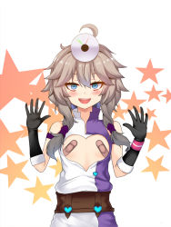 Rule 34 | 1girl, :d, ahoge, bad id, bad pixiv id, bandaid, bandaids on nipples, bare shoulders, belt, black gloves, blue eyes, blush, clothing cutout, dress, flat chest, gloves, grey hair, hair between eyes, hair over shoulder, hair tubes, hands up, head mirror, heart, heart cutout, high collar, highres, kasukabe tsukushi, kasukabe tsukushi channel, lipstick, long hair, looking at viewer, low twintails, makeup, okuri banto, open mouth, pasties, purple dress, red lips, sleeveless, sleeveless dress, smile, solo, standing, star (symbol), starry background, tsurime, twintails, virtual youtuber, white background, white dress, wristband