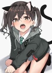 Rule 34 | 1girl, animal ear fluff, animal ears, black hair, black socks, blush, breasts, brown eyes, cat ears, cat tail, clenched hands, cure slum, fake animal ears, fake tail, from above, green necktie, grey hoodie, grey skirt, hair between eyes, hood, hood down, hoodie, idolmaster, idolmaster cinderella girls, idolmaster cinderella girls starlight stage, kneeling, long hair, long sleeves, looking at viewer, looking up, mole, mole under eye, necktie, open mouth, pleated skirt, shadow, sharp teeth, shirt, simple background, skirt, small breasts, socks, solo, striped necktie, sunazuka akira, tail, teeth, twintails, white background, white shirt
