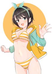 Rule 34 | 1girl, bikini, bikini under clothes, blue eyes, blue hairband, brown hair, commentary request, cowboy shot, hairband, highres, hololive, jacket, looking at viewer, multicolored clothes, multicolored jacket, oozora subaru, oozora subaru (hololive summer 2019), polka dot hairband, short hair, solo, striped bikini, striped clothes, swept bangs, swimsuit, taachika, two-tone jacket, virtual youtuber, waving, white background, yellow bikini