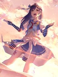 Rule 34 | 10s, 1girl, :d, backlighting, beret, blue hair, blue skirt, blush, bodypaint, cloud, cloudy sky, collarbone, dutch angle, evening, fingerless gloves, gloves, hands up, hat, highres, legs apart, light rays, long hair, love live!, love live! school idol festival, love live! school idol project, nagareboshi, navel, open mouth, outdoors, outstretched hand, pleated skirt, sailor collar, skirt, sky, smile, solo, sonoda umi, standing, wading, water drop, yellow eyes