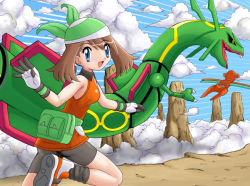 Rule 34 | 00s, 1girl, bike shorts, blue eyes, brown hair, cloud, creatures (company), deoxys, deoxys (normal), dragon, game freak, gen 3 pokemon, legendary pokemon, may (pokemon), mythical pokemon, nintendo, pokemon, pokemon (creature), rayquaza, running, sharp teeth, smile, teeth