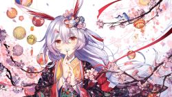 Rule 34 | animal ears, artist request, ball, benghuai xueyuan, bracelet, cherry blossoms, closed mouth, flower, fox ears, hair between eyes, hair flower, hair ornament, highres, holding, honkai (series), honkai impact 3rd, japanese clothes, jewelry, kimono, long hair, long sleeves, looking at viewer, official art, petals, pink eyes, pink hair, smile, solo, temari ball, theresa apocalypse, theresa apocalypse (sakuno rondo)