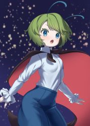 Rule 34 | 1girl, :o, absurdres, antennae, black cape, black shorts, blue eyes, blush, breasts, cape, collared shirt, commentary request, e sdss, green hair, grin, high-waist pants, highres, juliet sleeves, long sleeves, looking at viewer, open mouth, pants, puffy sleeves, red cape, shirt, short hair, shorts, small breasts, smile, solo, touhou, two-sided cape, two-sided fabric, white background, white shirt, wriggle nightbug