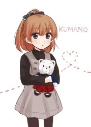 Rule 34 | 10s, 1girl, alternate costume, blue eyes, blush, brown hair, dress, hair ribbon, heart, heart of string, jikasei, kantai collection, kumano (kancolle), long hair, looking at viewer, pantyhose, personification, ponytail, ribbon, solo, stuffed animal, stuffed toy, teddy bear, wide ponytail, aged down