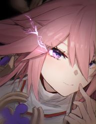 Rule 34 | 1girl, absurdres, animal ears, close-up, closed eyes, electricity, fingernails, fox ears, genshin impact, highres, horn/wood, japanese clothes, long hair, looking at viewer, pink hair, purple eyes, smile, solo, yae miko