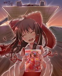 Rule 34 | 1girl, :d, ^ ^, backlighting, blush, bow, brown hair, closed eyes, dabadhi, detached sleeves, closed eyes, face, female focus, hair bow, hakurei reimu, head tilt, highres, japanese clothes, long hair, miko, open mouth, outdoors, sky, smile, solo, tokyo big sight, touhou