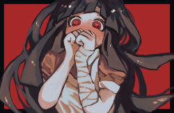 Rule 34 | 1girl, apron, bandaged arm, bandages, black border, black hair, blunt bangs, blush, border, clenched hands, collar, collared shirt, commentary, covering own mouth, danganronpa (series), danganronpa 2: goodbye despair, eyelashes, heart, heart in eye, highres, kaseki (0st rea), long hair, looking at viewer, mole, mole under eye, outside border, pink shirt, pink sleeves, puffy short sleeves, puffy sleeves, red background, red eyes, shirt, short sleeves, simple background, solo, symbol-only commentary, symbol in eye, tsumiki mikan, upper body, very long hair, white apron, white collar