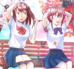 Rule 34 | 10s, 2girls, alternate hairstyle, arms up, bench, book, breasts, brown eyes, brown hair, commentary request, hair ribbon, hairstyle switch, kimi no suizou wo tabetai, looking at another, miyamizu mitsuha, multiple girls, open mouth, pleated skirt, red ribbon, ribbon, school uniform, short sleeves, shoya (yama1979), sidelocks, skirt, small breasts, sweatdrop, teeth, yamauchi sakura