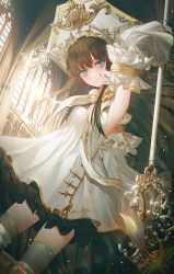 Rule 34 | 1girl, arm up, black hair, blue eyes, closed mouth, detached sleeves, dress, frilled dress, frilled sleeves, frills, highres, holding, holding polearm, holding weapon, long hair, looking at viewer, no.aei, original, pixiv fantasia, pixiv fantasia scepter of zeraldia, polearm, sidelocks, sleeveless, sleeveless dress, solo, weapon, white dress, white headwear, white sleeves