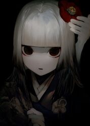 Rule 34 | 1girl, 1other, absurdres, albino (a1b1n0623), black background, black eyes, black hair, black kimono, blunt bangs, blunt ends, camellia, clothes grab, creepy eyes, disembodied limb, eyeshadow, fate/grand order, fate (series), flower, flower knot, ghost hands, gradient hair, hair flower, hair ornament, hand on another&#039;s head, highres, japanese clothes, kimono, komahime (fate), looking at viewer, makeup, medium hair, multicolored hair, open mouth, pale skin, red eyeshadow, sanpaku, sen no rikyu (fate), shadow, staring, white hair