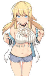 Rule 34 | 1girl, ahoge, bare shoulders, blonde hair, blue eyes, blush, breasts, choker, cleavage, closed mouth, collarbone, crop top, grey shorts, hachimiya meguru, hair ornament, hairclip, idolmaster, idolmaster shiny colors, jacket, large breasts, long hair, long sleeves, looking at viewer, low twintails, micro shorts, midriff, navel, off shoulder, open clothes, open jacket, shirt, shiseki hirame, shorts, simple background, smile, tassel, thighs, twintails, white background, white jacket, white shirt