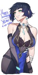 Rule 34 | 1girl, bare shoulders, blue dress, bracelet, breasts, choker, cleavage, cropped legs, dated, dice, dress, genshin impact, happy birthday, highres, jewelry, large breasts, mole, mole on breast, short hair, sketch, smile, smugigante, solo, upper body, yelan (genshin impact)